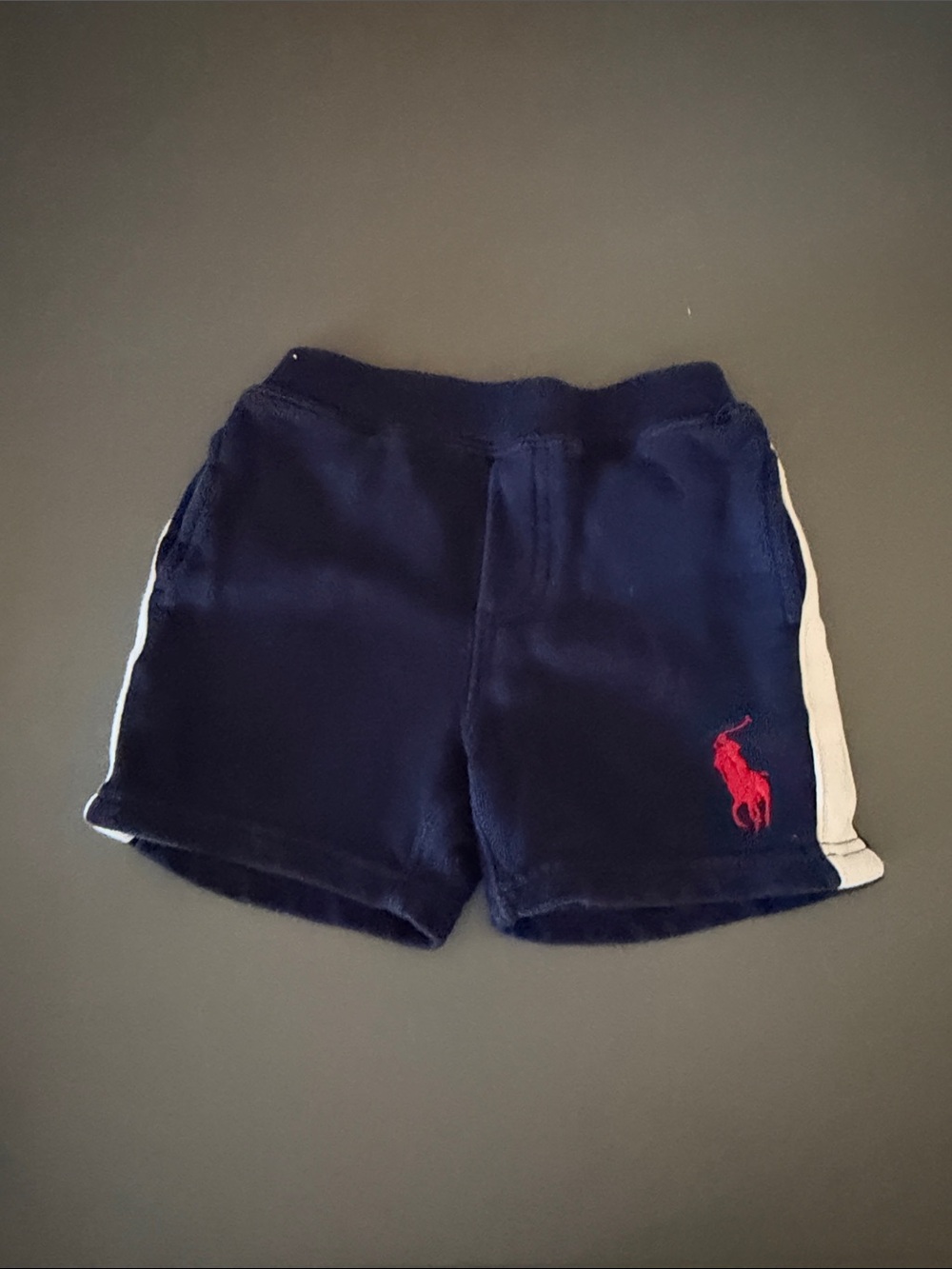 Ralph Lauren Navy Terry Shorts with Red Pony and White Side Stripes. 24M